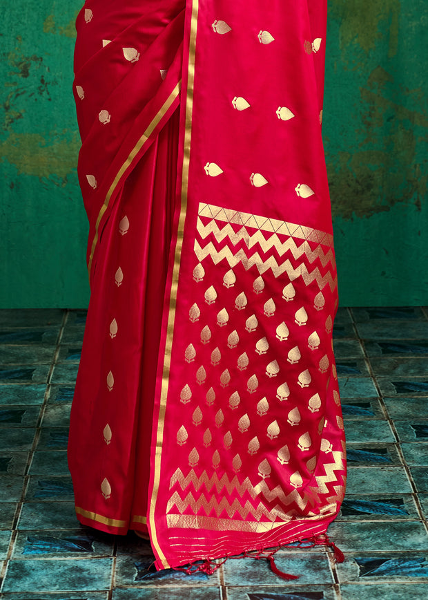 Bright Red Woven Banarasi Satin Silk Saree