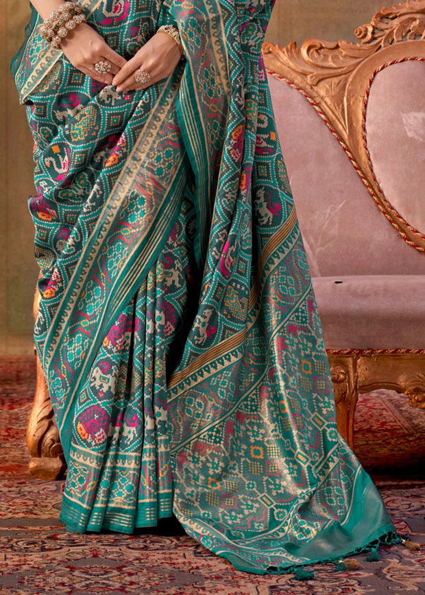 Teal Blue Printed Patola Silk Saree