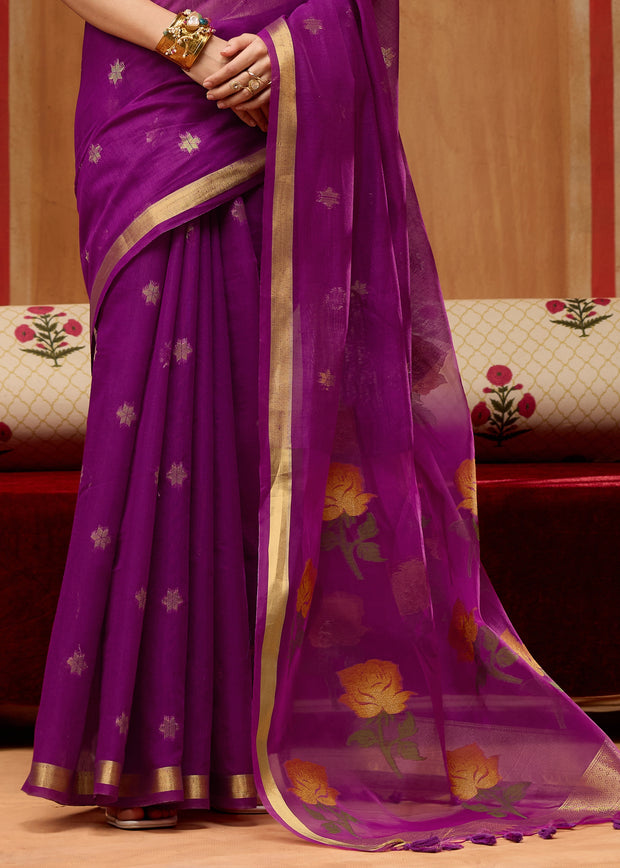 Berry Purple Woven Cotton Organza Saree