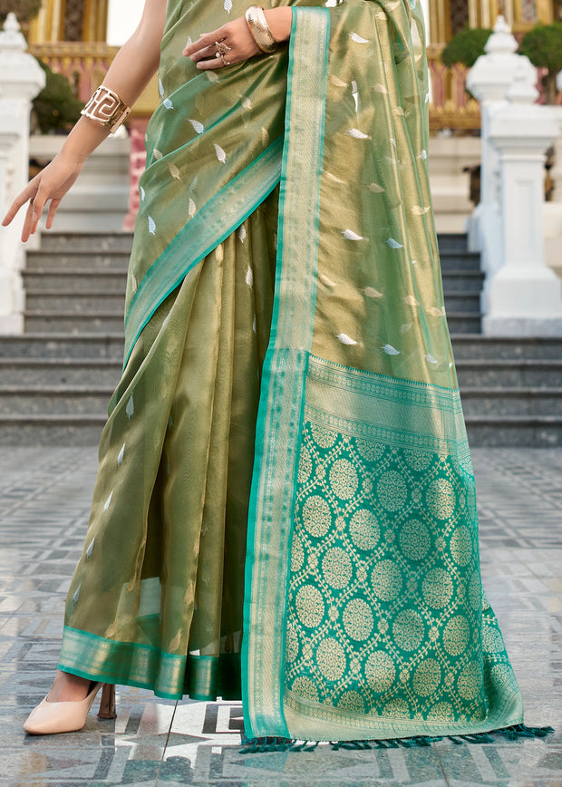 Golden Green Woven Tissue Silk Saree
