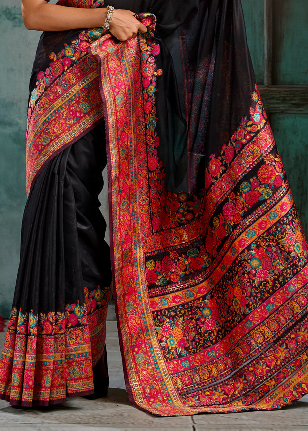 Black Woven Cotton Kashmiri Jamewar Saree