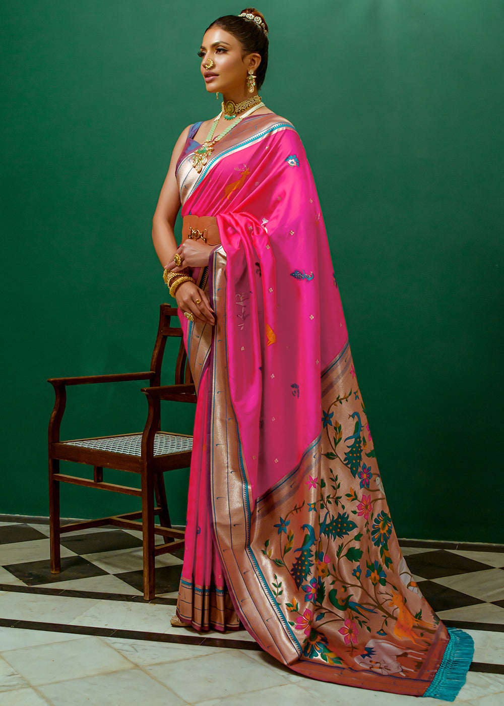 Exquisite rani pink silk saree with silver zari border – Meshira