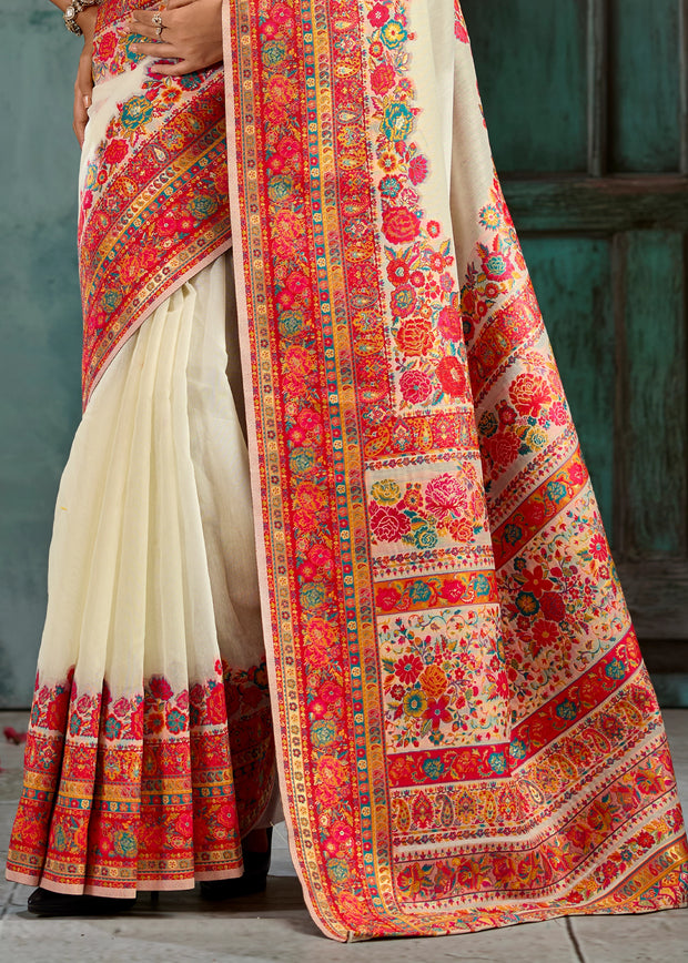 Creamy White Woven Cotton Kashmiri Jamewar Saree