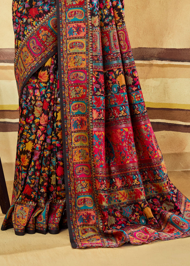 Black Woven Cotton Kashmiri Jamewar Saree
