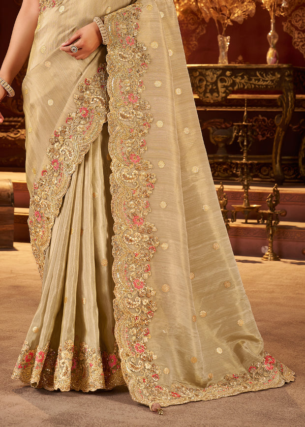 Classy Beige Embroidered Tissue Designer Saree