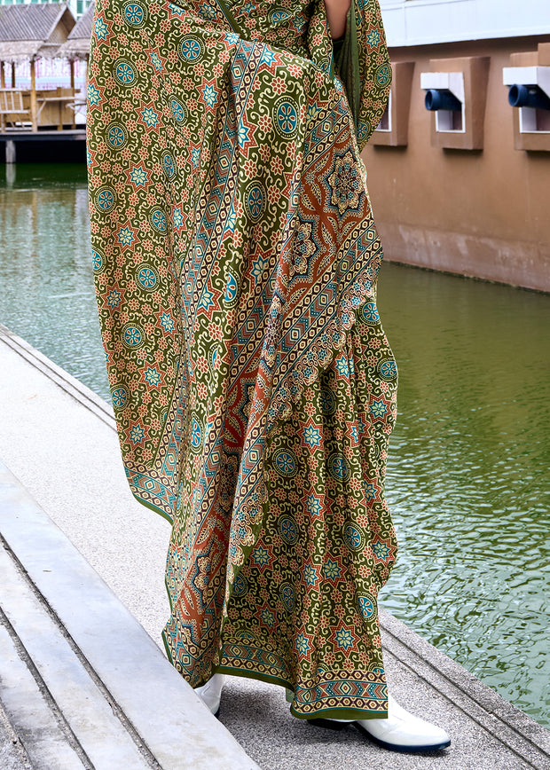 Shale Green Satin Crepe Digital Printed Saga Saree With Contrast Blouse