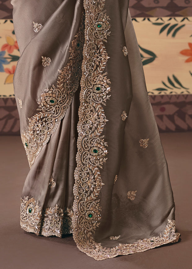 Aluminum Grey Embroidered Designer Saree