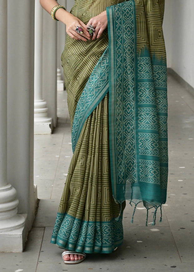Green & Blue Printed Tussar SIlk Saree