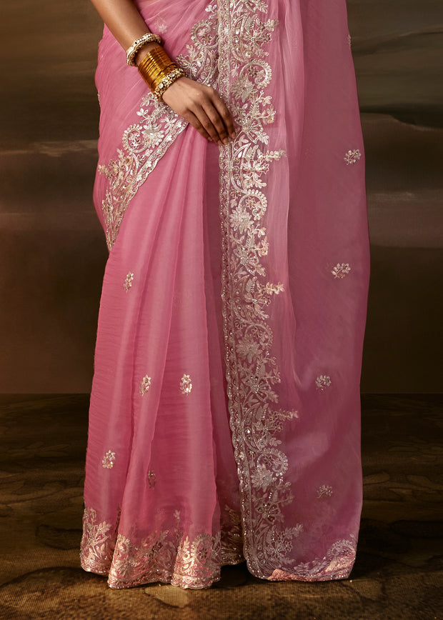 Light Pink Embroidered Designer Organza Saree