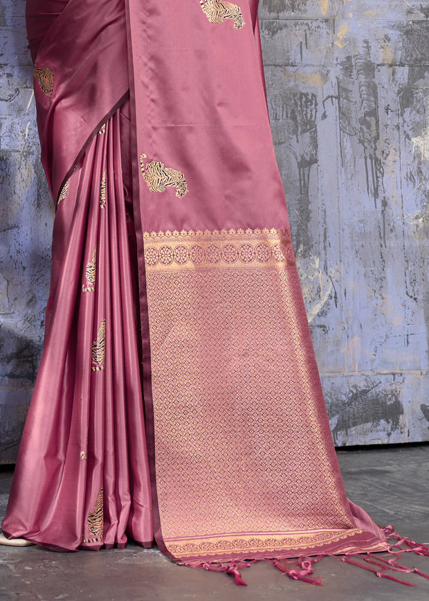 Mauve Pink Woven Banarasi Satin Silk Saree