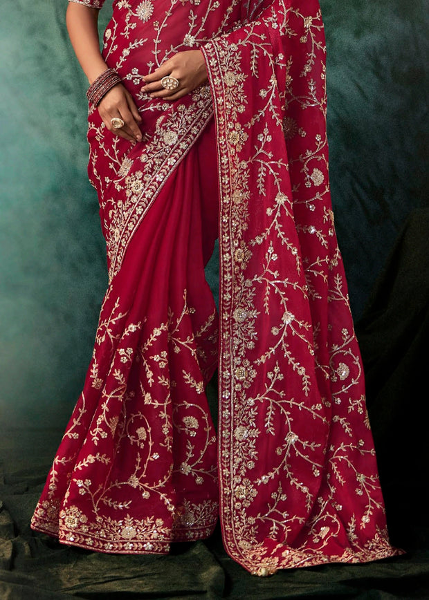 Tango Red Embroidered Designer Saree