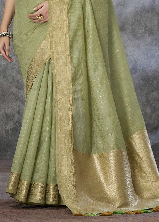 Pistachio Green Woven Cotton Saree