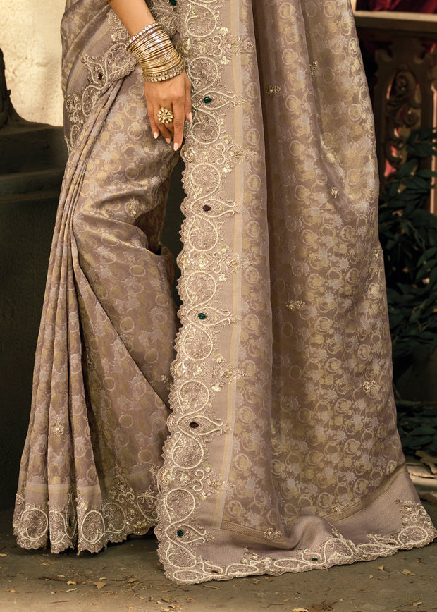 Lilac Grey Embroidered Designer Tissue Saree