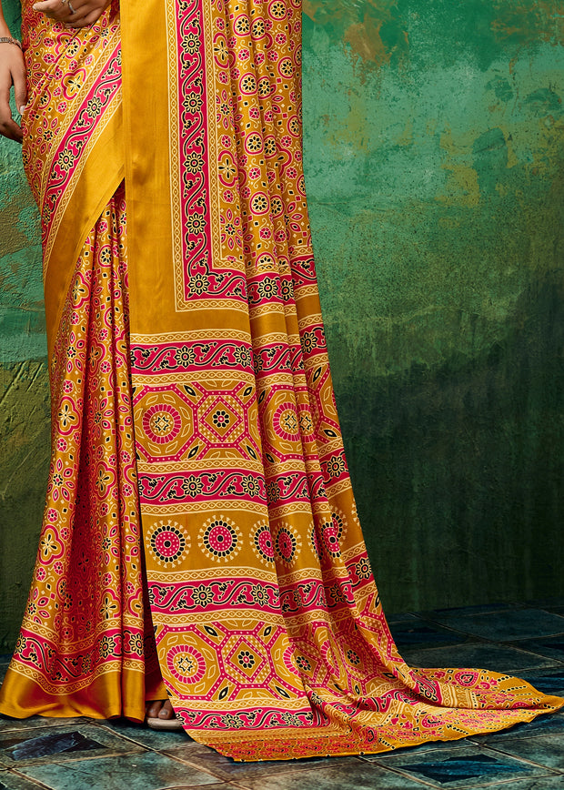 Yellow Printed Satin Silk Saree