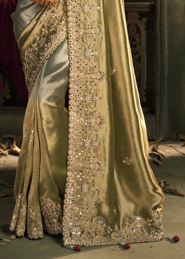 Shine Grey Embroidered Designer Tissue Saree