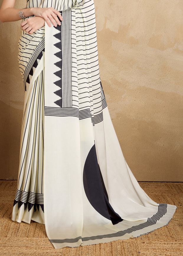 Black And White Printed Satin Silk Saree