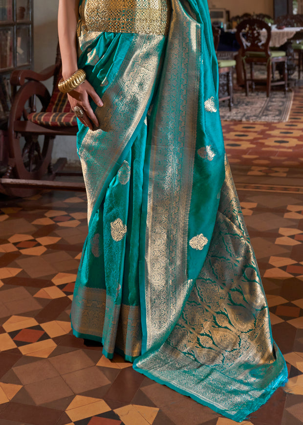 Teal Blue Dual Tone Woven Banarasi Silk Saree