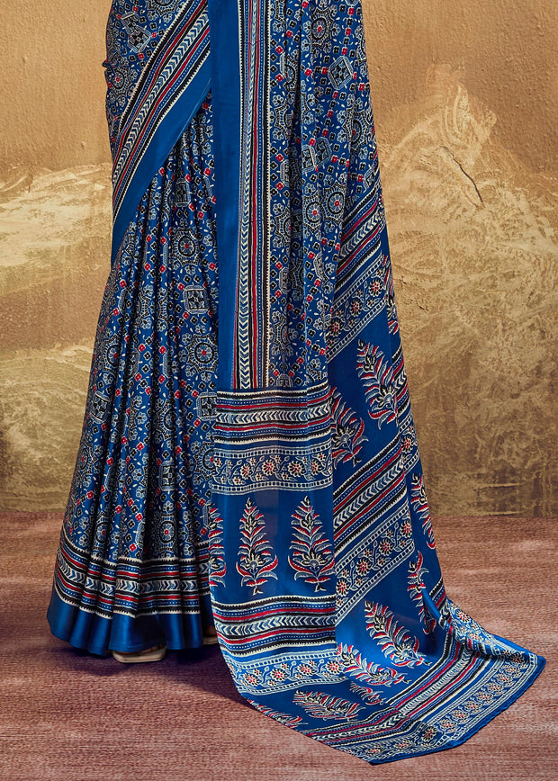 Parisian Blue Printed Satin Silk Saree