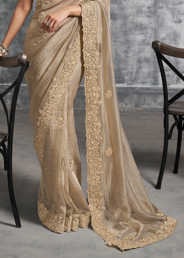 Sand Beige Embroidered Tissue Silk Saree