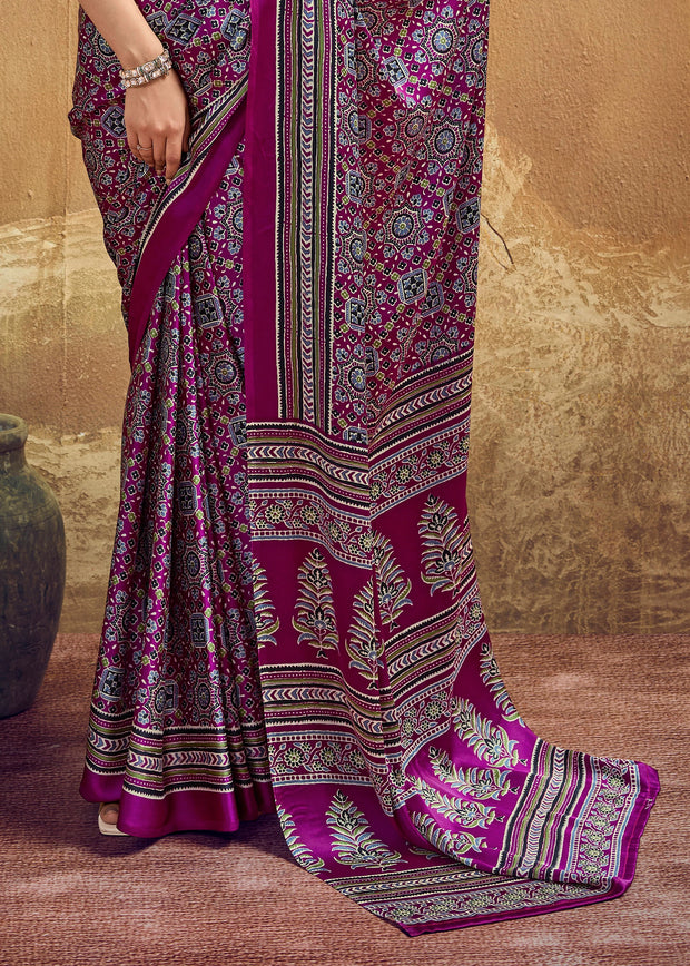 Magic Purple Printed Satin Silk Saree