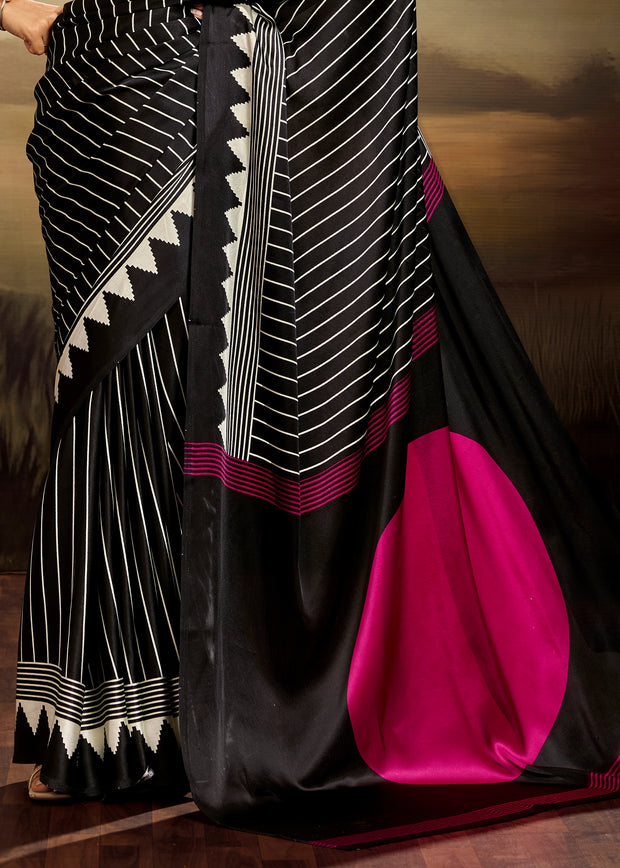 Black Printed Satin Silk Saree