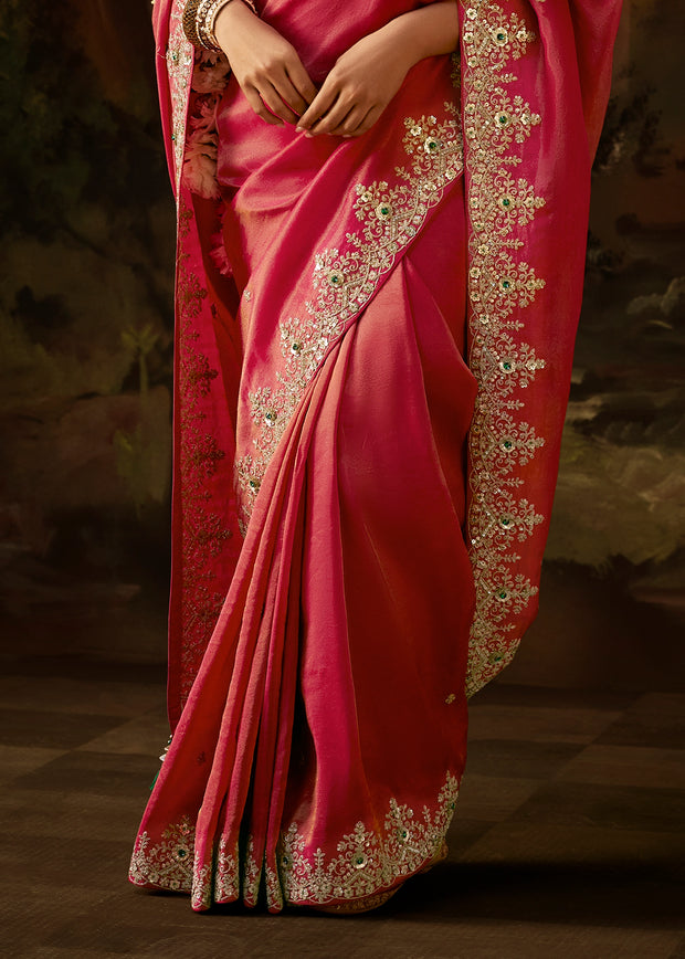 Rani Pink Embroidered Tissue Saree