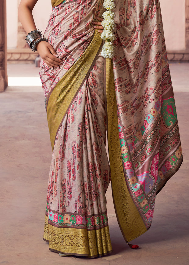 Rose Brown Banarasi Digital Printed Silk Saree