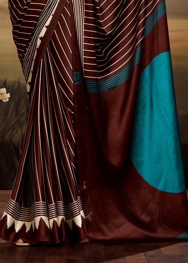 Deep Maroon Printed Satin Silk Saree