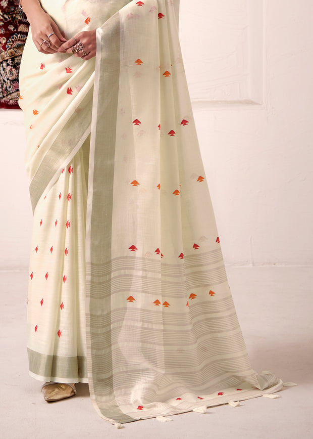Antique White Woven Linen Silk Saree
