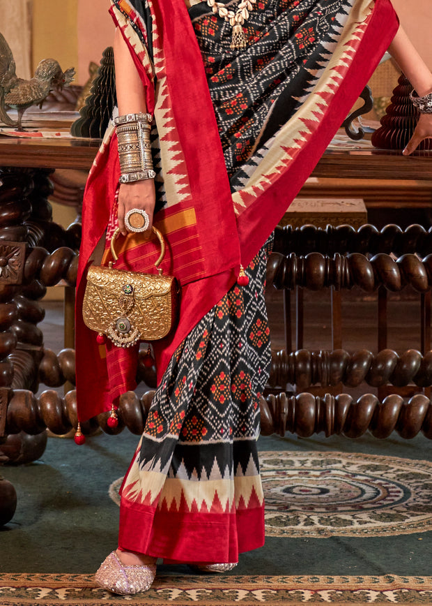 Jet Black Printed Patola Silk Saree