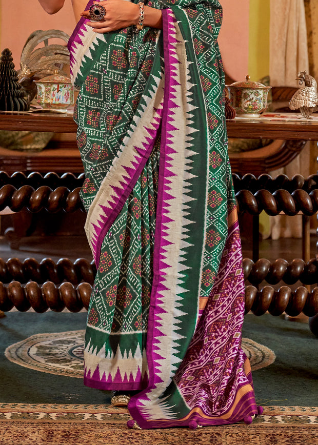 Hunter Green Printed Patola Silk Saree