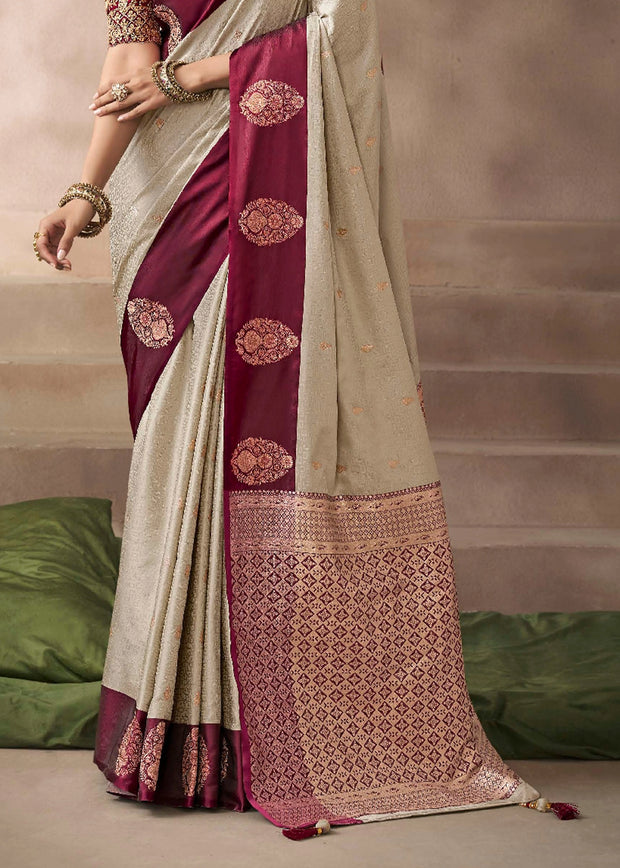 “Exclusive Offer” : Beige & Maroon Woven Banarasi Satin Silk Saree