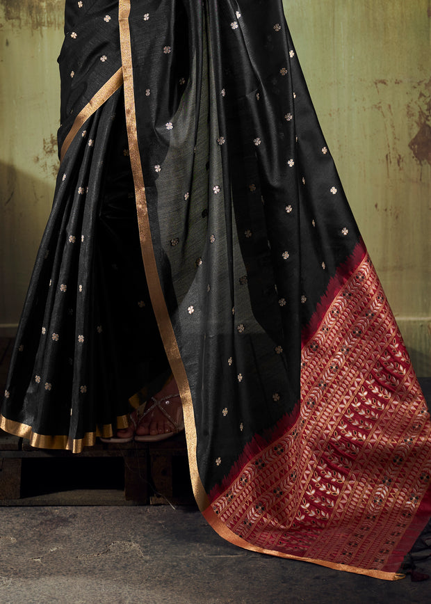 Ink Black Banarasi Tusser Silk Saree