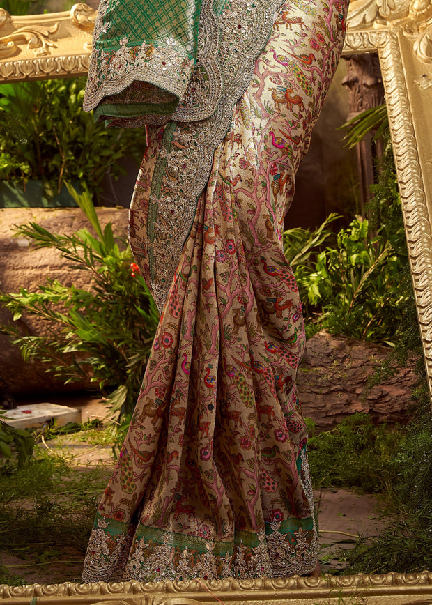 Beige And Green Embroidered Designer Saree