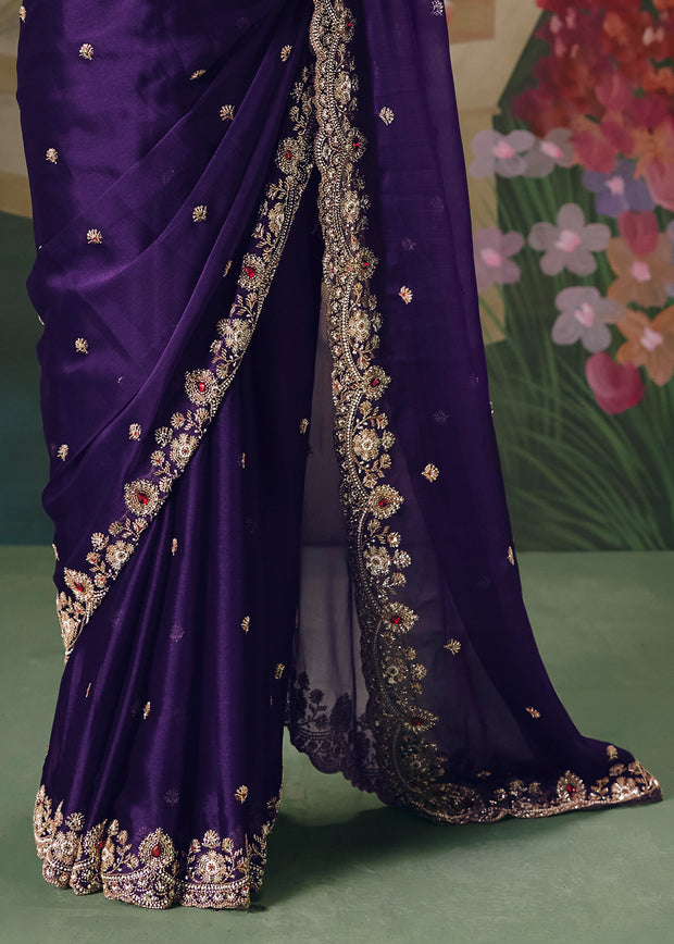 Rich Purple Embroidered Designer Saree
