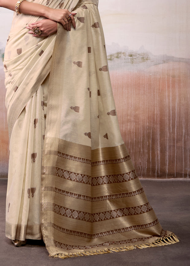 Beige Woven Banarasi Cotton Silk Saree