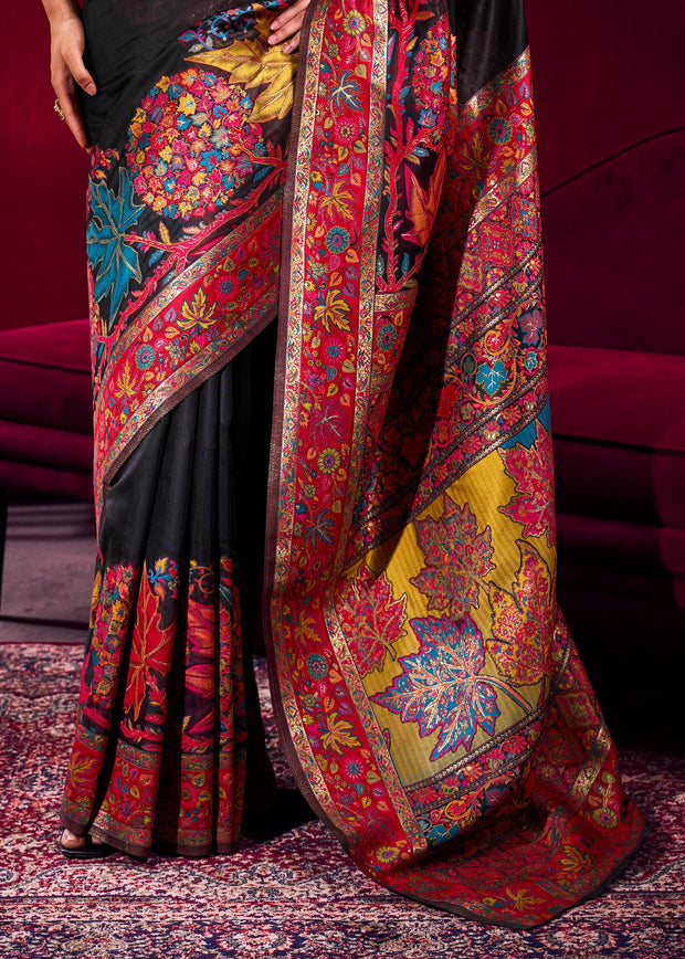 Pirate Black Woven Cotton Kashmiri Jamewar Saree