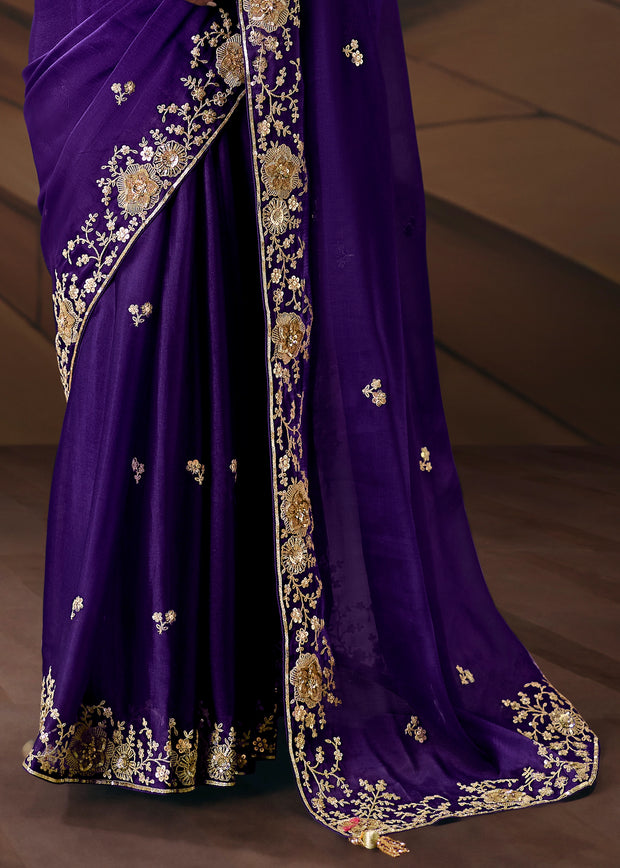 Royal Purple Embroidered Designer Saree