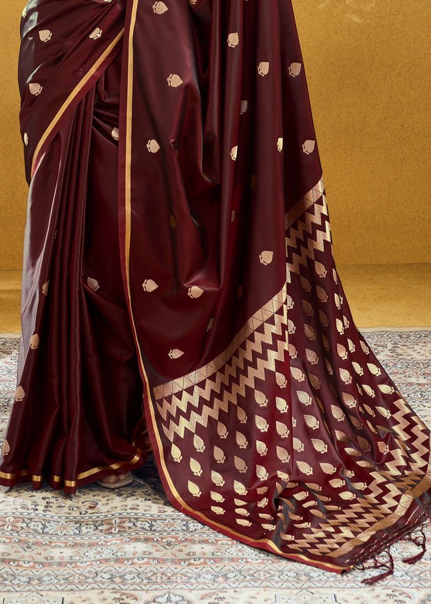 Dark Maroon Woven Banarasi Satin Silk Saree