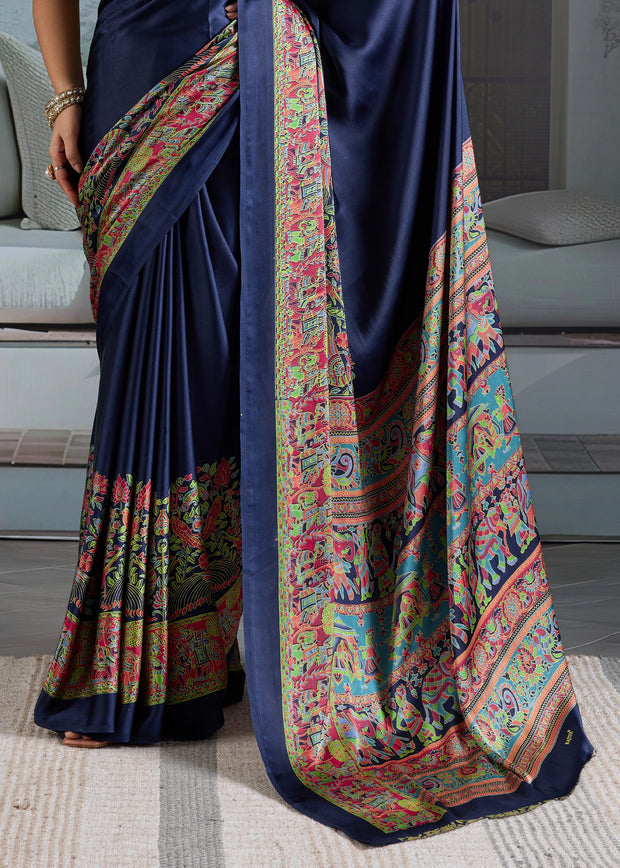 Patriot Blue Printed Satin Silk Saree