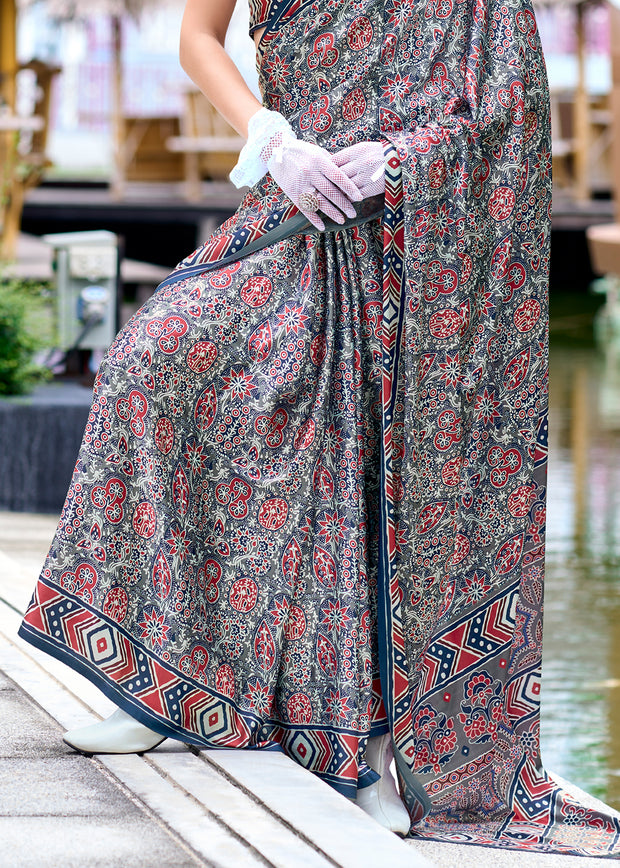 Strom Grey Satin Crepe Digital Printed Saga Saree With Contrast Blouse