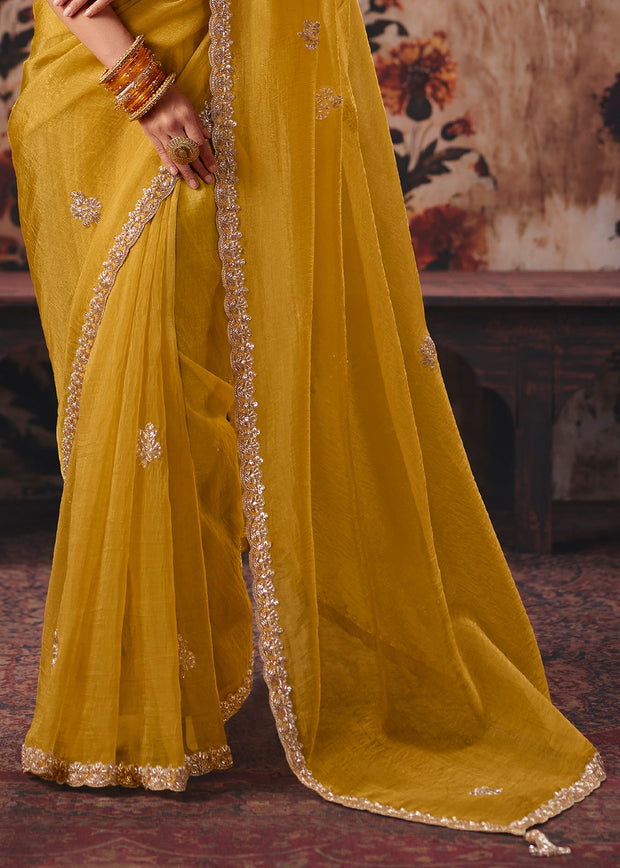 Yellow Designer Organza Saree With Embroidered Blouse