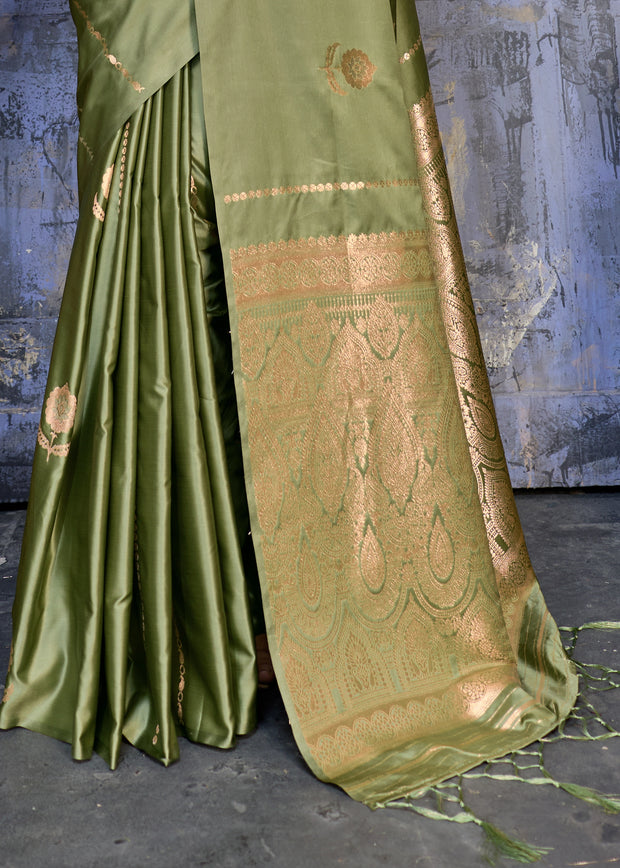 Kiwi Green Woven Banarasi Satin Silk Saree