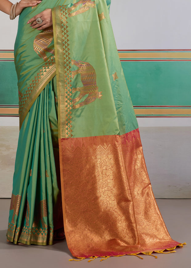 Grass Green Woven Silk Saree With Contrast Blouse