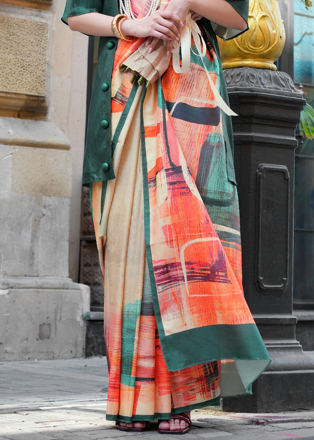 Cream Beige Digital Printed Soft Silk Saree