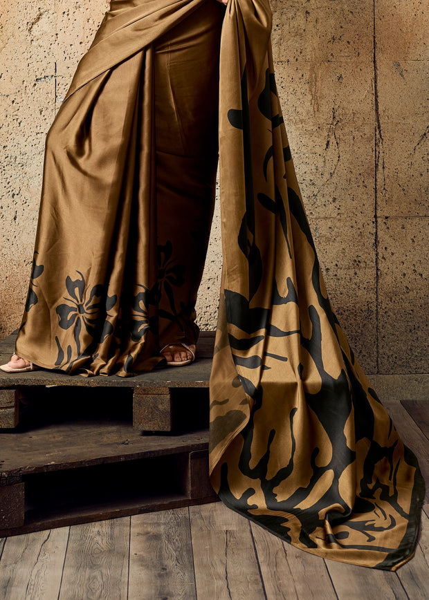 Cinnamon Brown Printed Satin Silk Saree