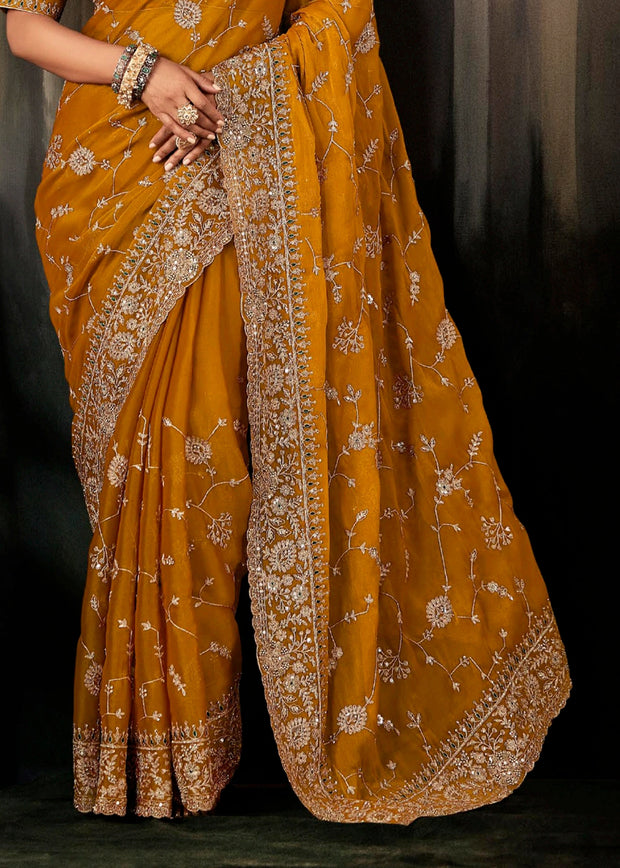 Marigold Yellow Designer Embroidered Saree