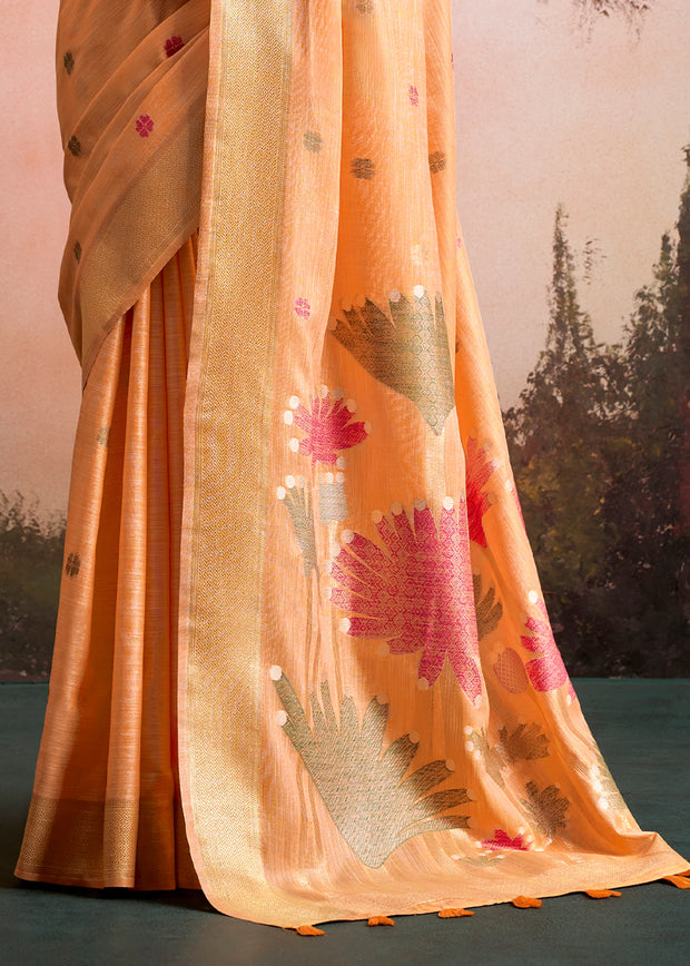 Orange Peach Woven Linen Cotton Silk Saree