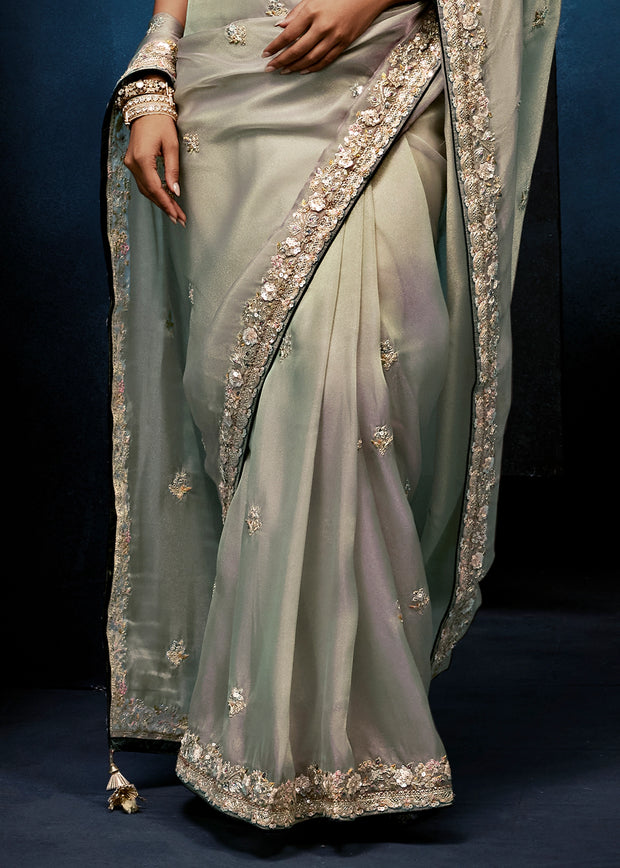 Haze Grey Embroidered Designer Tissue Saree