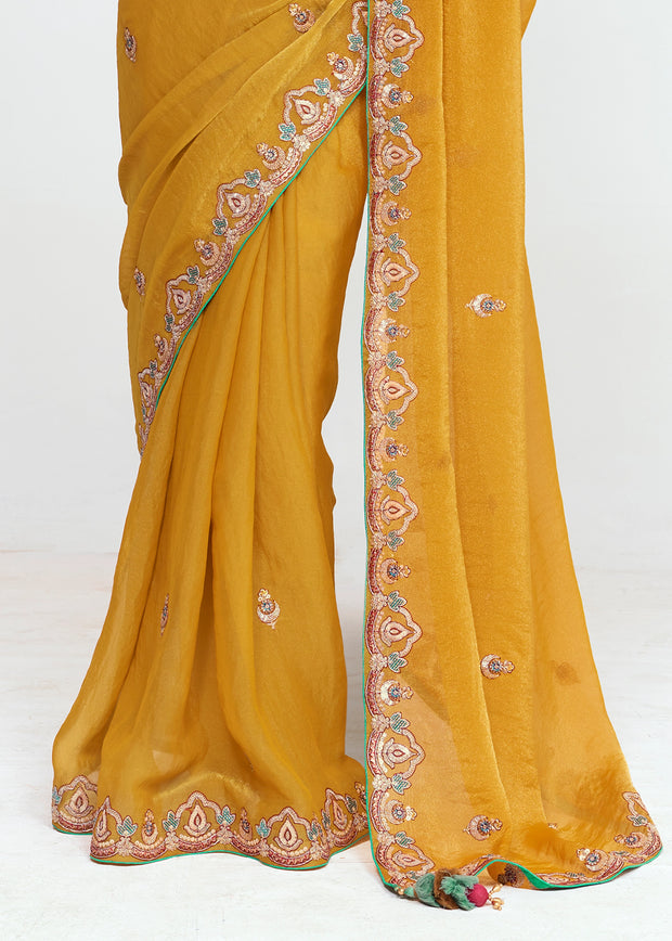 Mimosa Yellow Designer Embroidered Tissue Saree